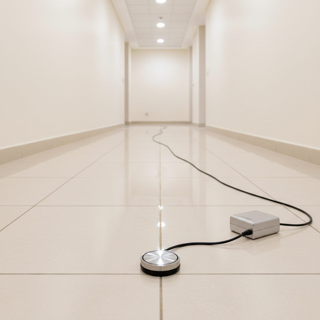 A clean, professional photographic image showing a tiled corridor floor in a residential Al-Khobar building, set up for water leak tracing. Along the glossy beige tiles runs a thin trail of barely visible moisture, leading to an unassuming wall. In the foreground, a sleek, modern acoustic leak detection unit lies on the floor, its round metal sensor placed directly over a tile joint, with a coiled cable leading to a compact, unbranded control box. Overhead recessed lighting produces even, bright illumination with subtle reflections on the tiles. The composition is linear, drawing the eye along the corridor toward the suspected leak point. The mood is organized, precise, and highly professional, highlighting systematic leak detection without any human figures or written content.