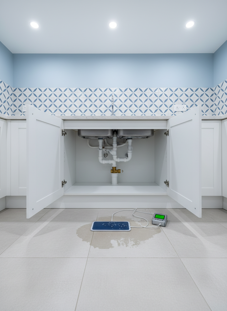 A wide, photographic interior view of a partially tiled kitchen in Al-Khobar undergoing professional water leak investigation. The main focus is a clean, white under-sink cabinet with the doors open, revealing neatly arranged pipes and a small, shiny metal connector where fine droplets are visible. On the floor, a low-profile leak detection sensor sits on a light gray tile, with thin cables leading to a compact, unbranded control unit. Cool LED ceiling lights create bright, even illumination, revealing a faint reflection on the slightly damp tile area. The composition uses the rule of thirds, with the cabinet slightly off-center, and crisp focus throughout. The atmosphere feels methodical and reliable, showing how concealed plumbing leaks are accurately located without any people or logos.