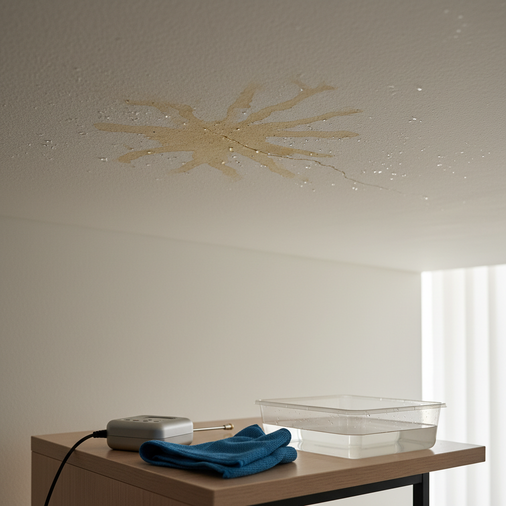 A dramatic, photographic close-up of a wet ceiling corner in a modern Al-Khobar apartment, where a subtle yellowish water stain spreads outward in irregular shapes. Tiny droplets cling to the textured off-white paint, and a narrow crack hints at a hidden pipe leak above. Below, on a minimalistic side table, a discreet, compact leak listening device rests beside a dry, folded microfiber cloth and a small plastic catch pan containing a thin layer of water. Soft, directional daylight from a nearby window casts gentle shadows that accentuate the ceiling texture and water damage. Shot from a low angle looking up toward the corner, with a calm yet urgent mood, conveying the importance of early leak detection and professional intervention.