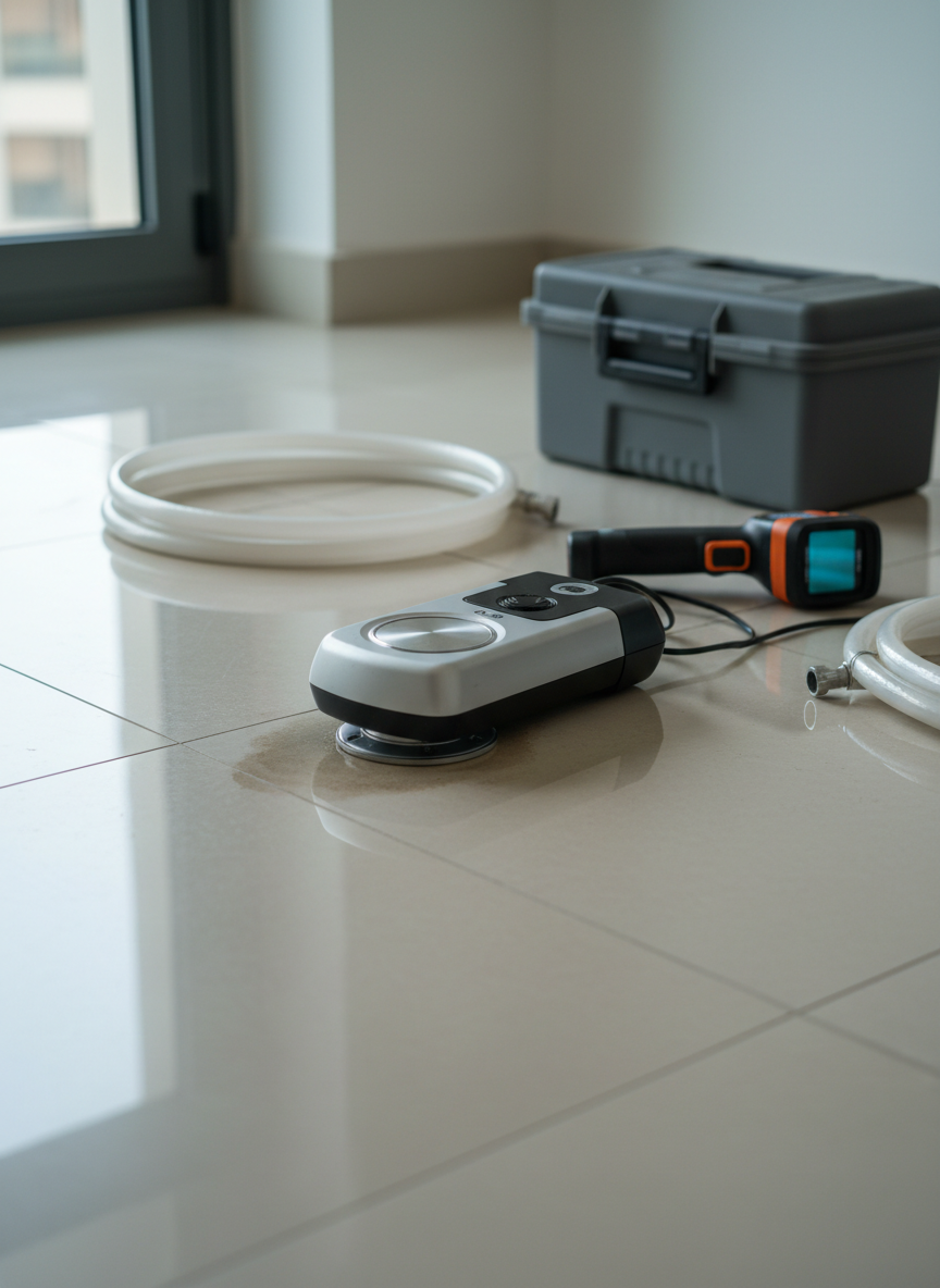 A high-resolution, photographic image of a modern water leak detection scene inside a clean Al-Khobar apartment. The main subject is a professional electronic leak detector on a glossy beige ceramic tile floor, its metal sensor plate pressed against the tiles near a subtle damp patch. Around it, neatly coiled hoses and a compact thermal imaging device rest beside a simple, unbranded plastic toolbox. Cool, diffused daylight enters from an unseen window, creating soft reflections on the tiles and equipment. The mood is professional and trustworthy. Shot at eye level with a slight diagonal composition and sharp focus throughout, emphasizing precision, order, and the seriousness of detecting hidden water leaks without showing any people or text.