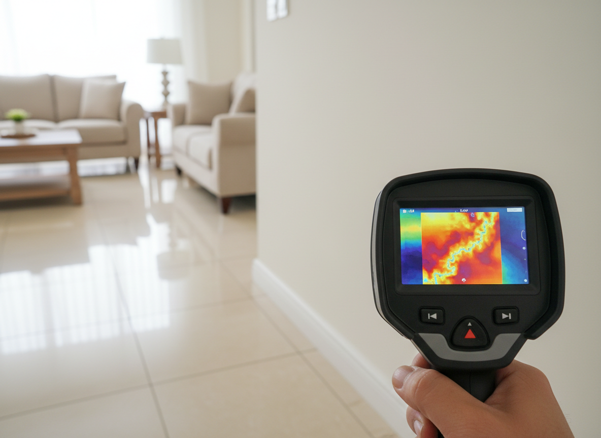 A close-up, ultra-realistic photograph of a handheld thermal imaging camera pointed at a residential wall in an Al-Khobar living room. On the camera’s unbranded display, vibrant thermal colors clearly reveal a hidden water leak pattern inside the wall, contrasted against cooler, dry areas. The wall itself is painted a soft off-white, with a simple baseboard and glossy beige floor tiles beneath. Soft, neutral indoor lighting gently illuminates the scene, with a shallow depth of field that blurs the background furniture, keeping the focus on the device and the colorful thermal image. The mood is technical yet reassuring, emphasizing advanced equipment and precise diagnosis without any human presence or visible text.