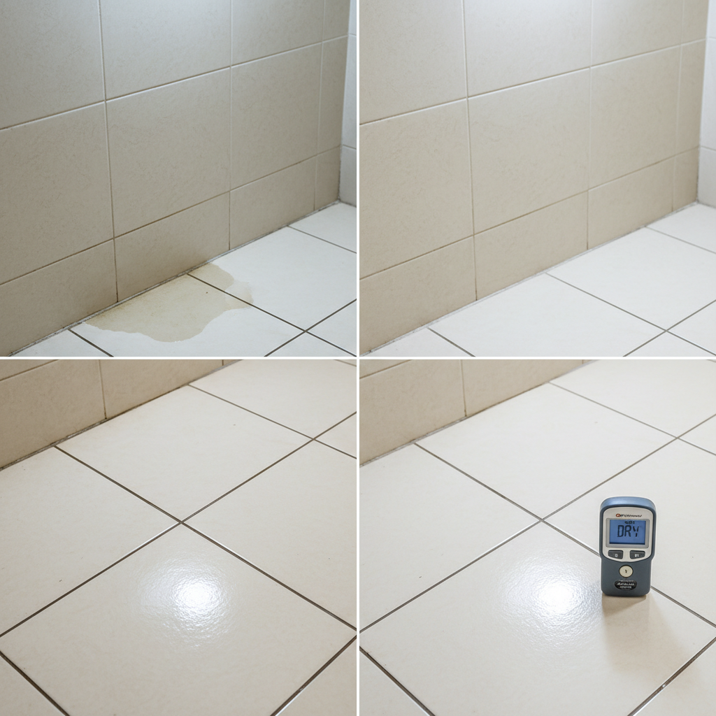 A detailed before-and-after style composition in one photographic frame, showing a bathroom floor in Al-Khobar with and without a water leak. On the left, slightly darkened grout lines, a faint water stain spreading from the base of a wall, and a small puddle reflecting overhead light. On the right, the same area appears perfectly dry, tiles uniformly glossy and clean, with a discreet electronic moisture meter resting on the floor reading dry. Overhead cool white lighting casts clear, crisp shadows, highlighting the transformation. The image is divided subtly by a change in color tone rather than visible lines, creating a professional, reassuring atmosphere. Captured from a slightly elevated angle, with balanced composition and photographic realism, ideal for illustrating leak detection service results.
