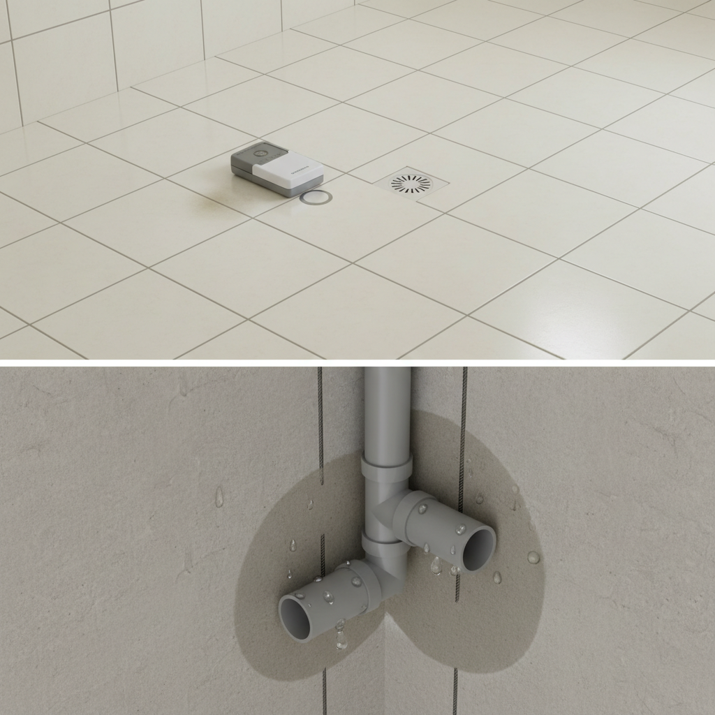 A split-level, photographic scene showing both a bathroom floor and the adjacent wall pipes via a cutaway visualization, ideal for explaining hidden leak detection. The top section displays a pristine, light-colored tiled bathroom in Al-Khobar, with a small, nearly invisible damp area near the floor drain. The lower cross-section reveals simplified pipes, one showing droplets and a faint halo of moisture spreading through the concrete. A compact, unbranded electronic leak detector sits above, its sensor against the floor directly over the hidden leak. Soft, neutral studio-style lighting ensures clarity and detail, with sharp focus and a slightly elevated camera angle. The mood is educational and professional, visually communicating how specialized equipment locates concealed water leaks without depicting any people or text.